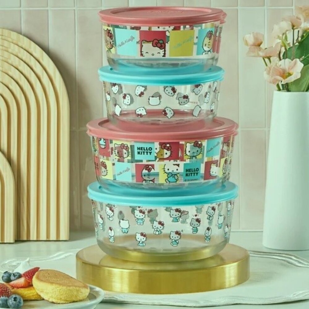 Pyrex ~ Hello Kitty ~ Decorated Glass Food Storage Set ~ 8 Pcs ~ 2025 New In Box